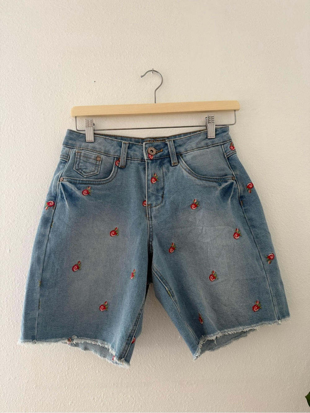 Light Blue Embroidered Cherry Denim Shorts